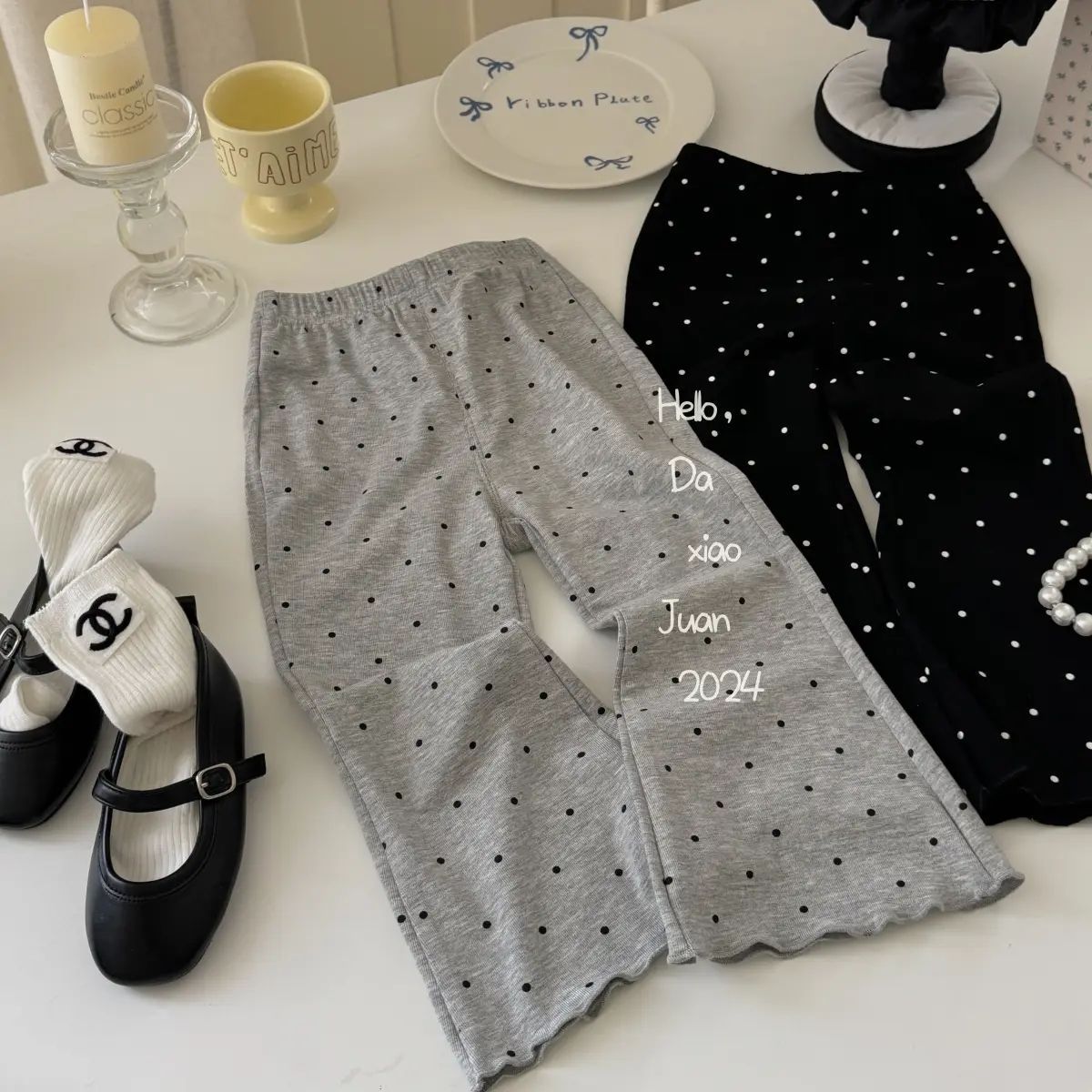 Children's Style Fashionable Polka Dot Bell-bottom Autumn Clothing High Waist Casual Children's Pants