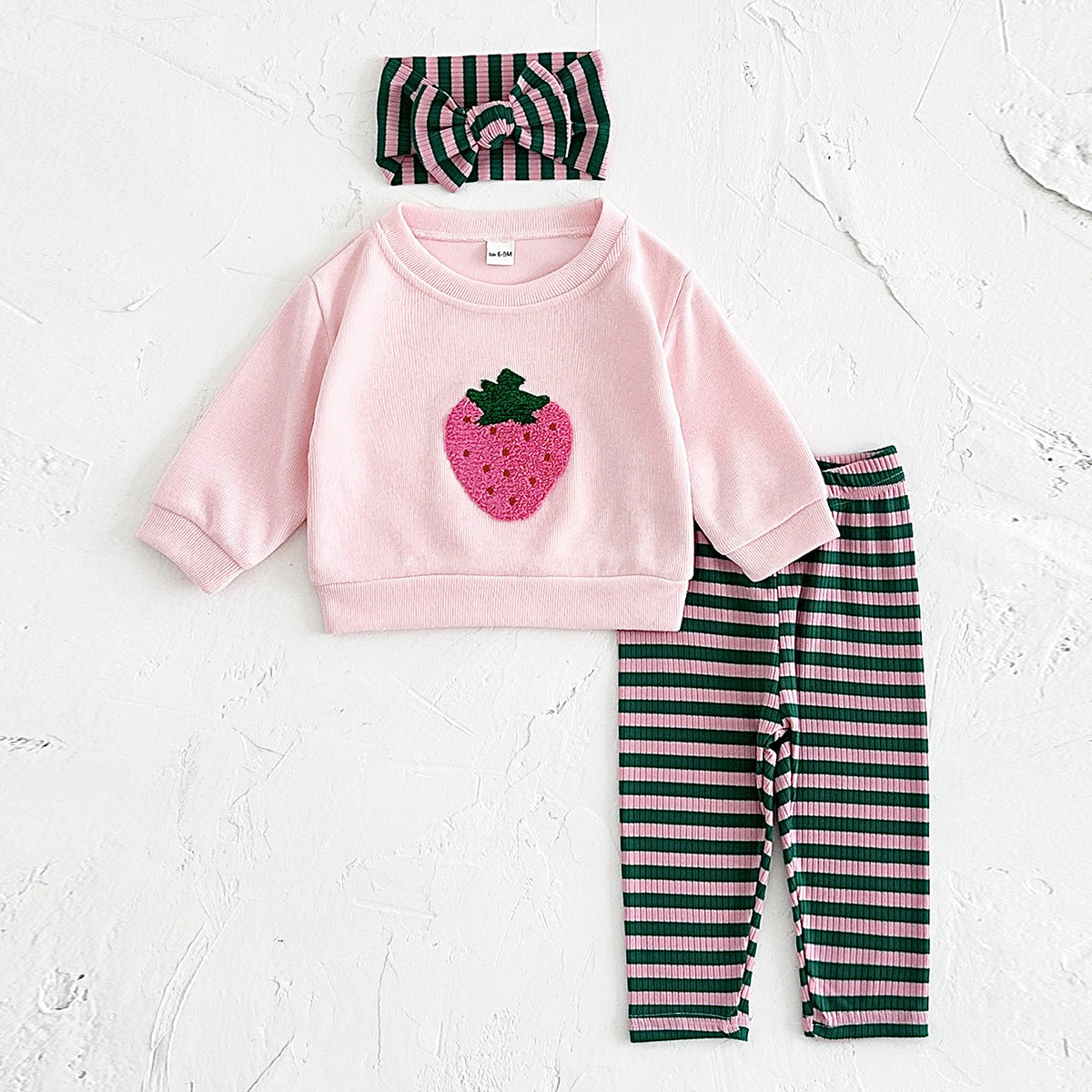 Pink Strawberry Embroidered Long-sleeved Leggings Headband Children's Suit