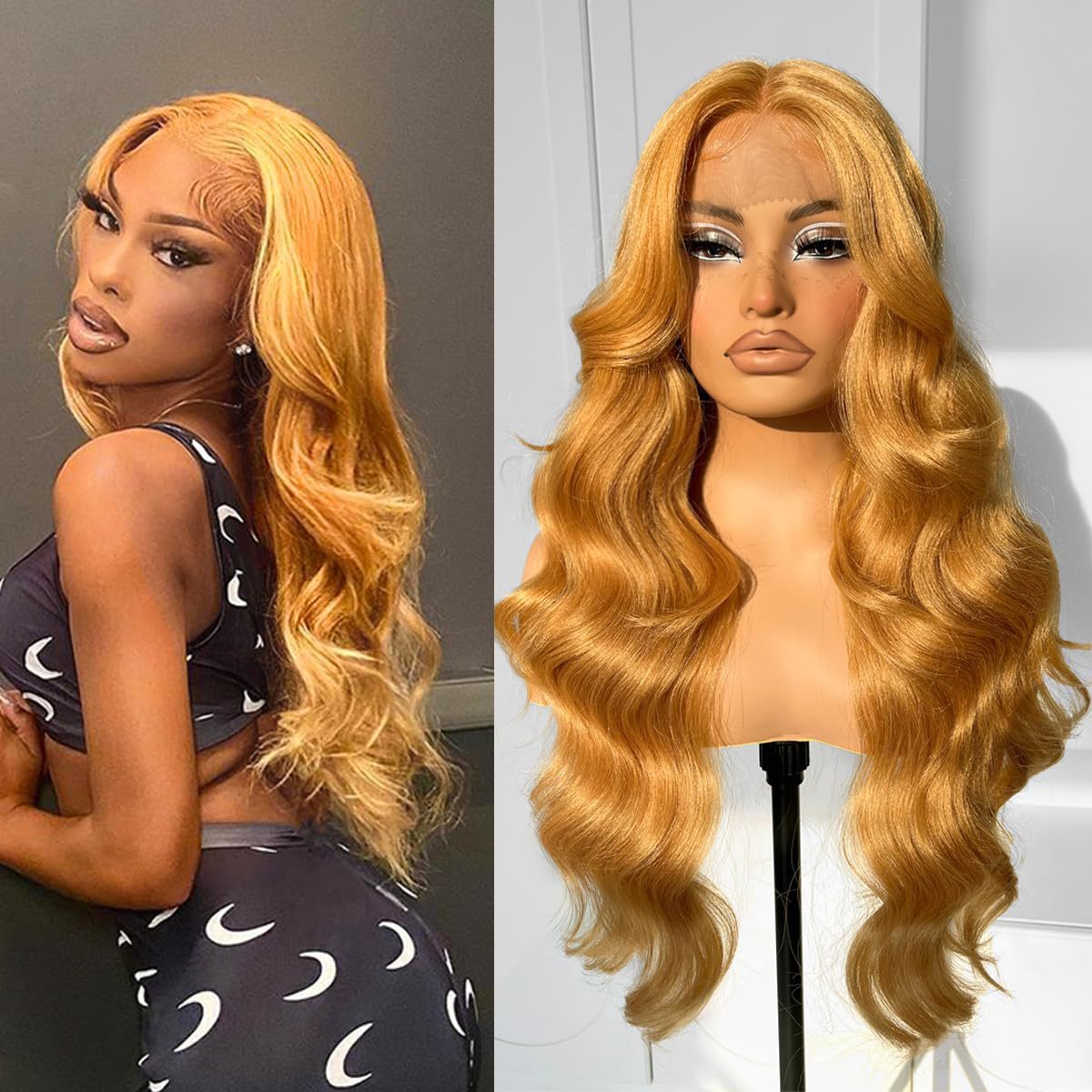 Women's Front Lace Synthetic Wigs Golden Medium Curly Hair Big Wave Wig Long Curls