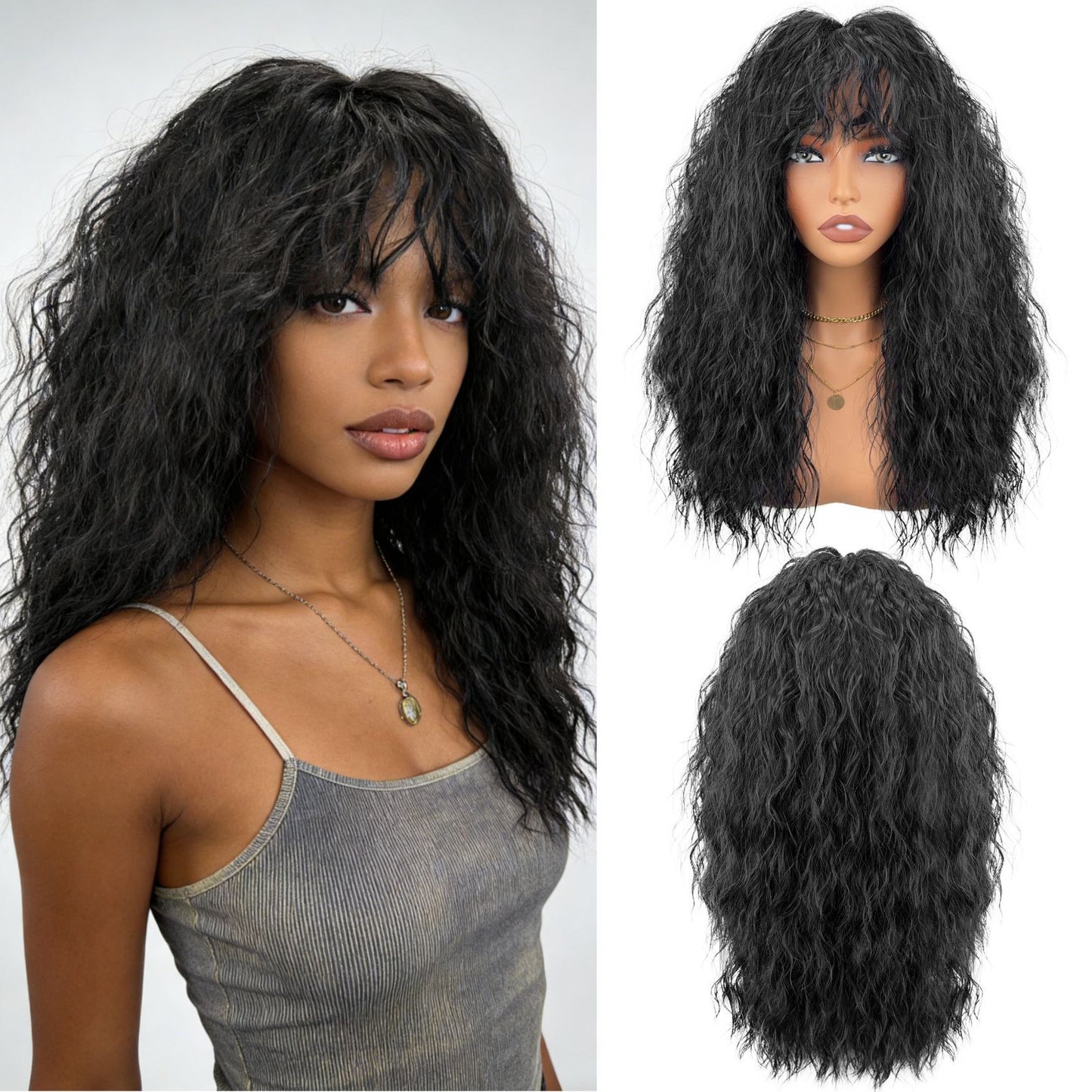 African Natural Small Bangs Chemical Fiber Wig Long Curls