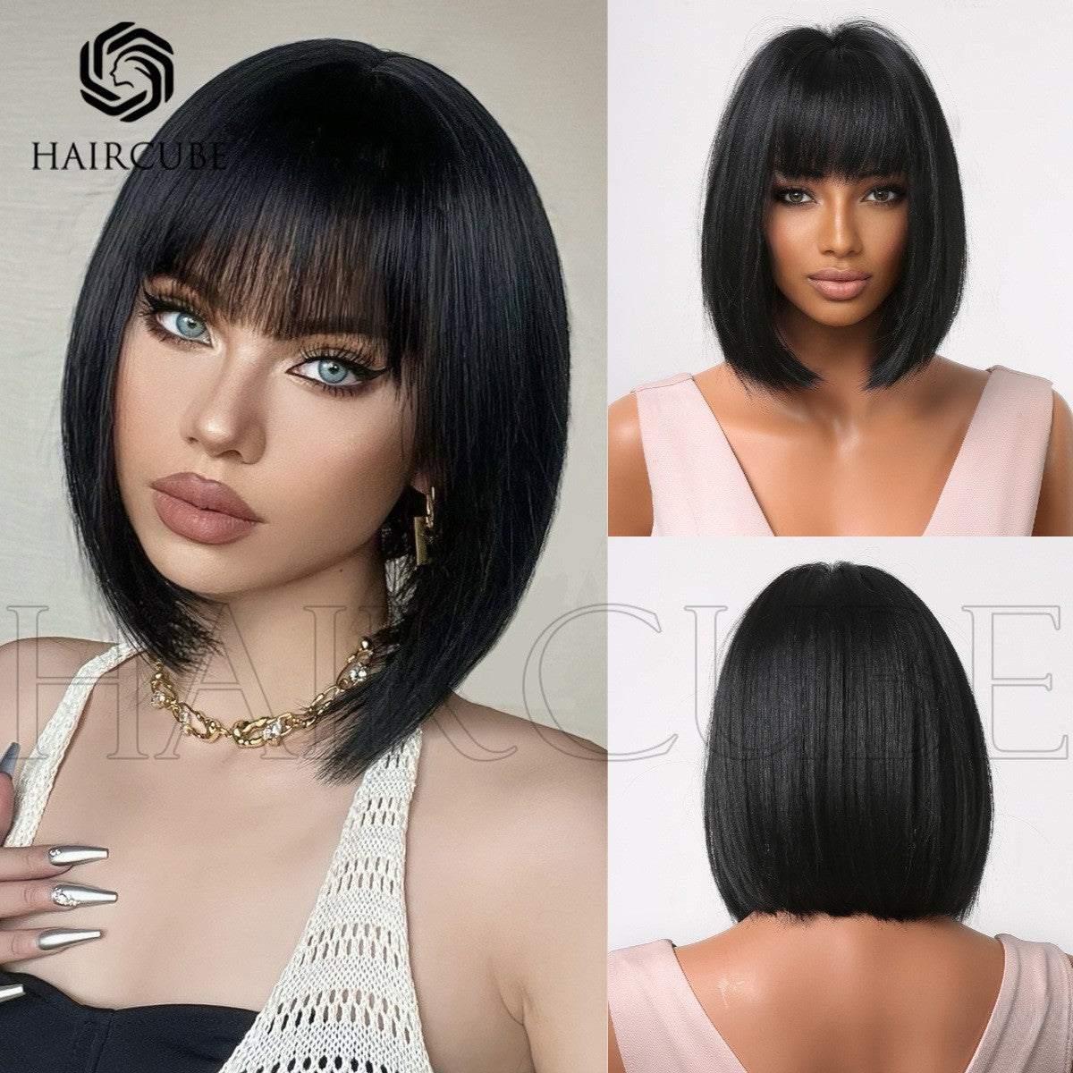 Pretty Head Cover Gradient Wave Bangs Wig Short Straight Hair