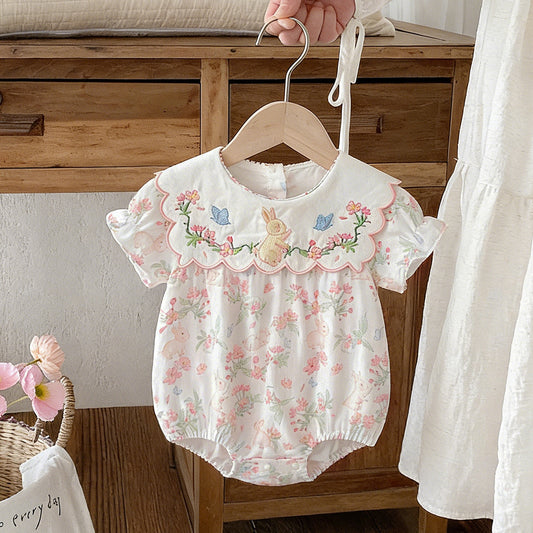 Butterfly Flower Embroidery Jumpsuit Home Comfortable Breathable Short Sleeve Triangle Jumpsuit, Climbing Suit