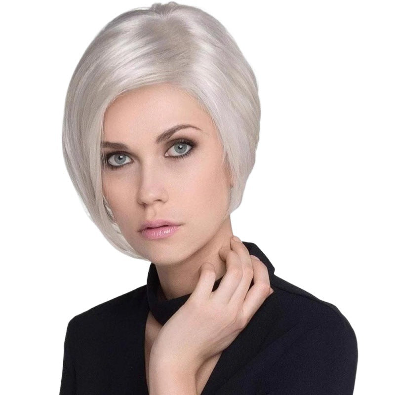 Women's Fashion Sier Gray Split Head Cover Wig Short Straight Hair