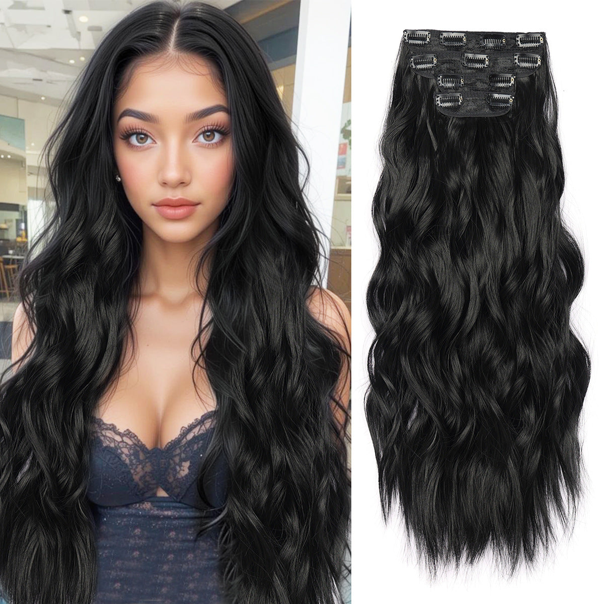 Women's Set Water Ripple Hairpiece Clip Fiber Wig
