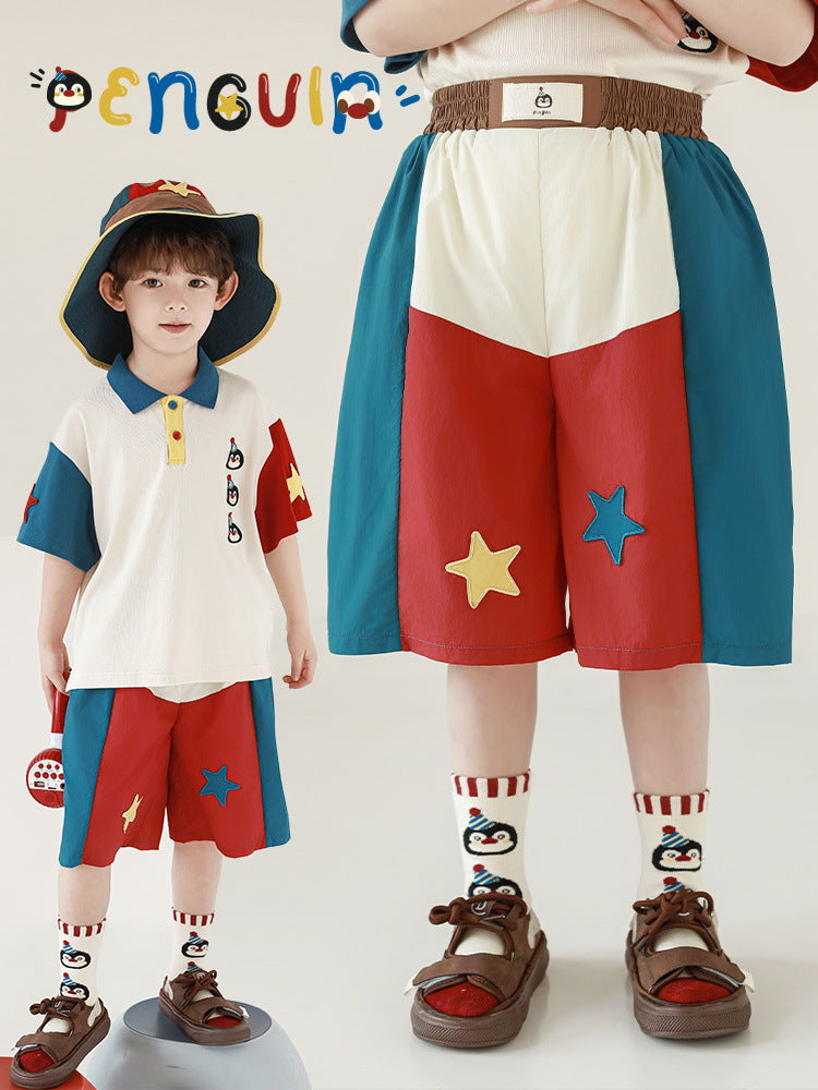 Short Sleeve T-shirt Blouse Loose-fitting Overalls Penguin Series Suit Children's Shirt