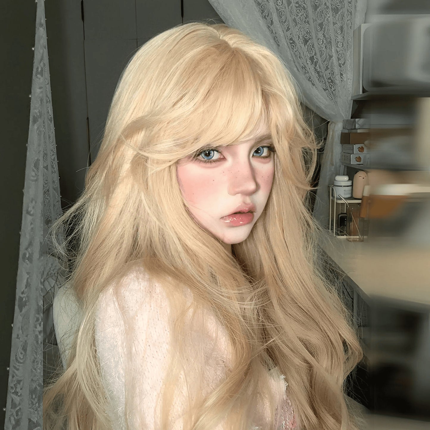 Women's Gold Color Mid-length Bangs Curly Big Wave Natural Simulation Wig Long Curls
