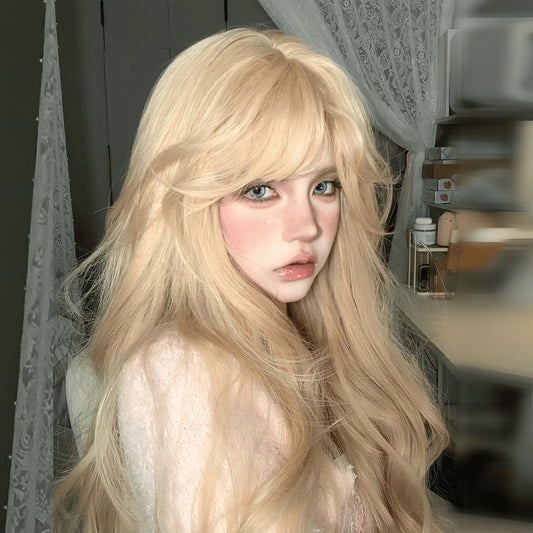 Women's Gold Color Mid-length Bangs Curly Big Wave Natural Simulation Wig Long Curls