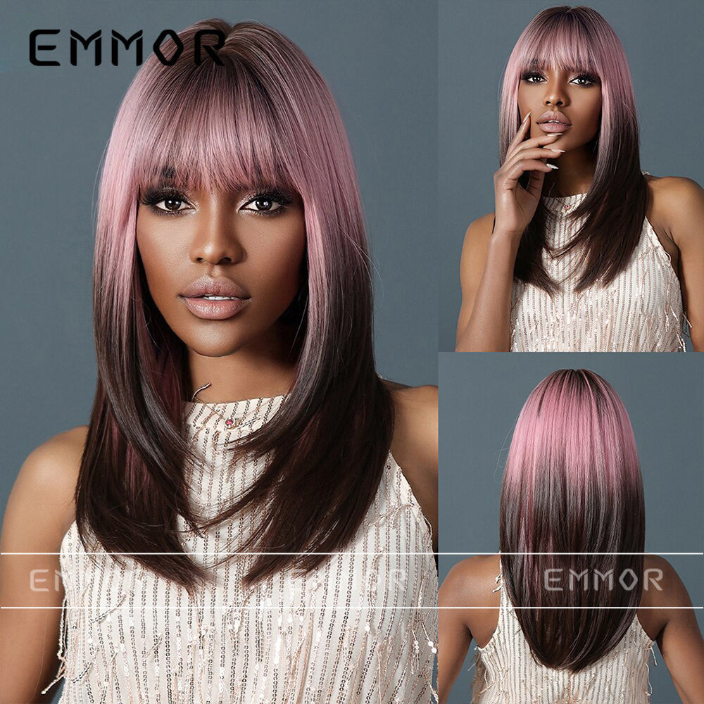 Punk Pink Gradient Dark Brown Fringe Straight Wig Long Curls