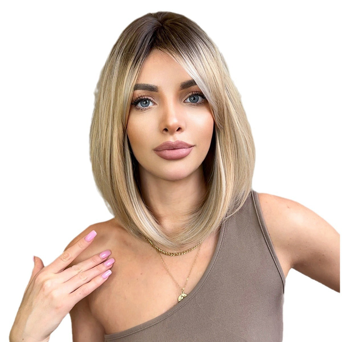 Shoulder Gradient Gold Side Division Bangs Natural Wig Short Straight Hair