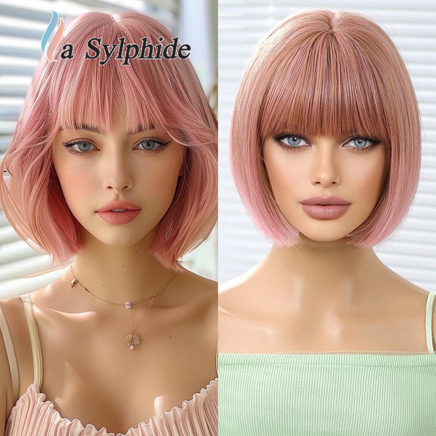 Women's Head Cut Pink Bangs Universal Halloween Wig Short Straight Hair