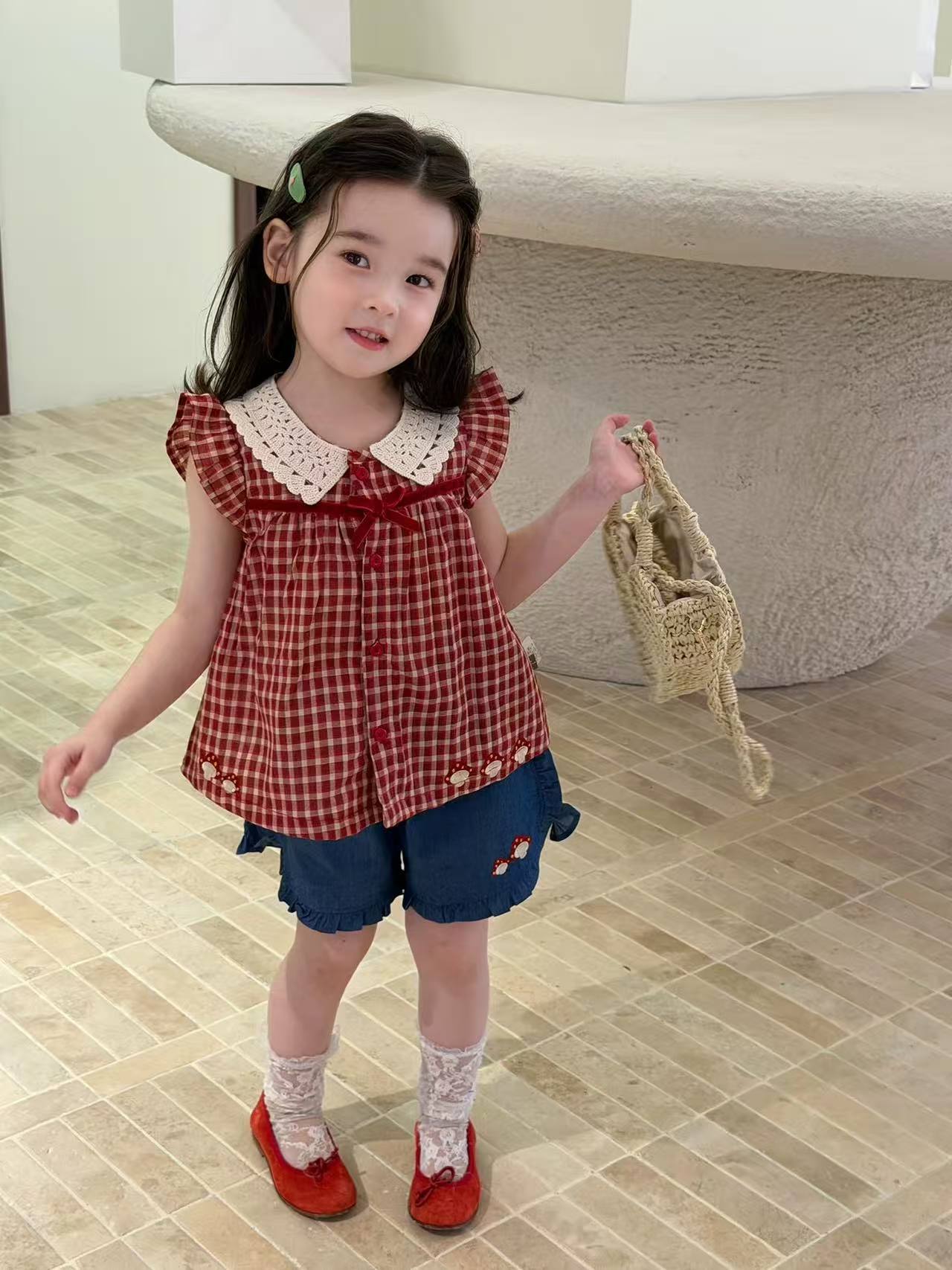 Shorts Suit Style Plaid Flying Sleeve Children's Shirt