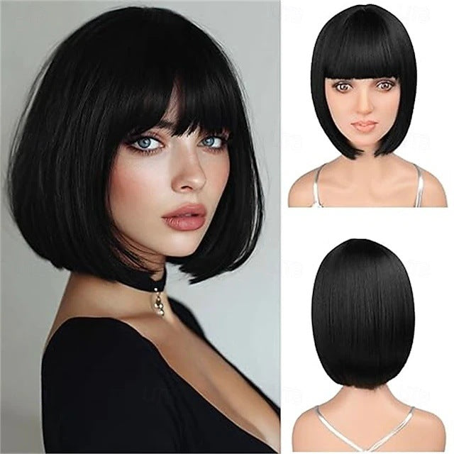Set With Bangs Synthetic Fiber Heat-resistant Wig Short Straight Hair
