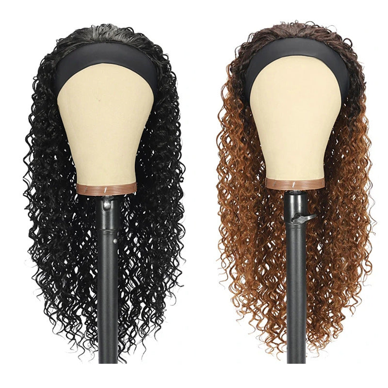Women's Hair Band Curly African Turban Brown Gradient Small Volume Wig Long Curls