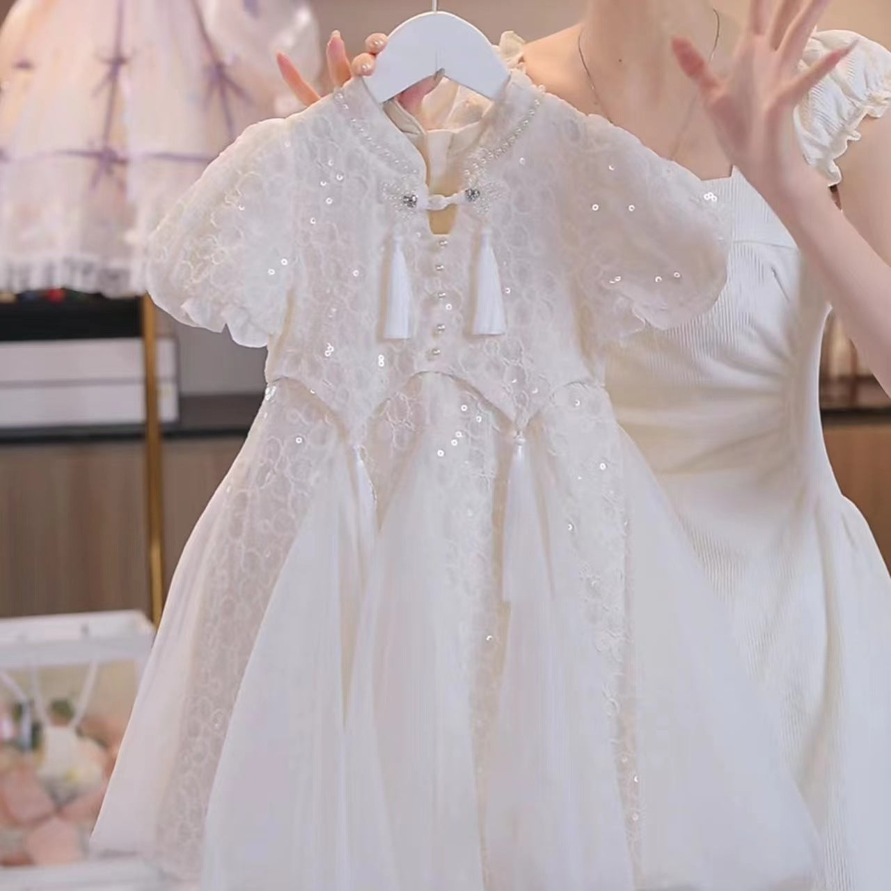 Children's Style Han Costume Summer Cheongsam Puff Sleeve Mesh Children's Dress