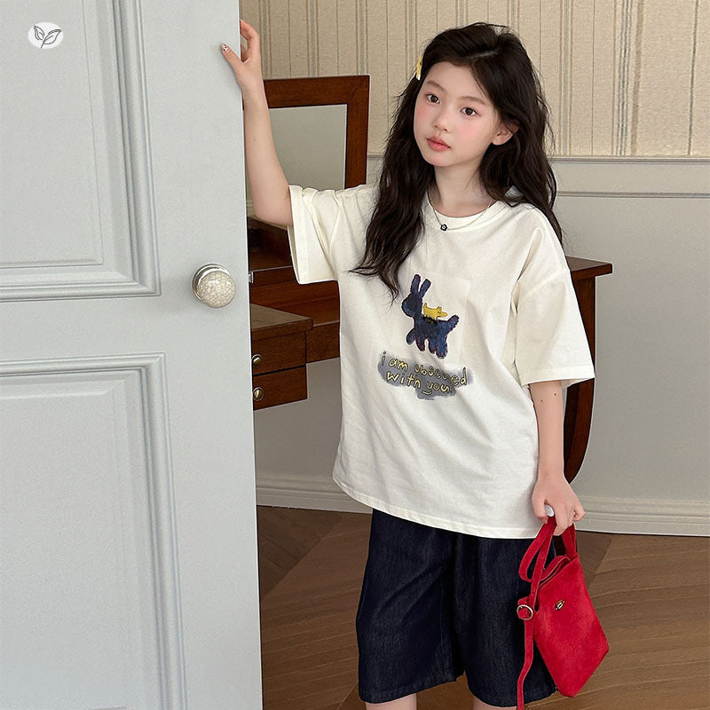 Korean Style T-shirt Light Sier Denim Cropped Pants Printed Short Children's Suit