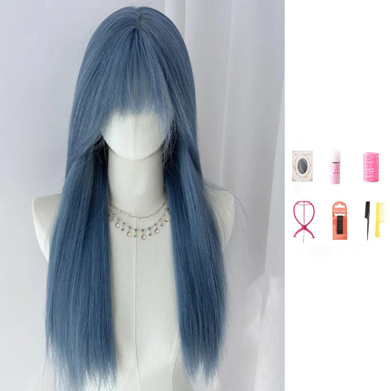 Glacier Forehead Lace Low Saturation Blue Female Long Straight Wig