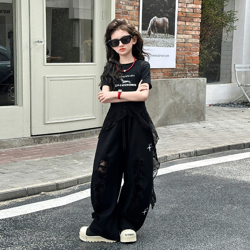 Jazz Dance Costume Summer Middle Big Lace Strap T-shirt Children's Suit