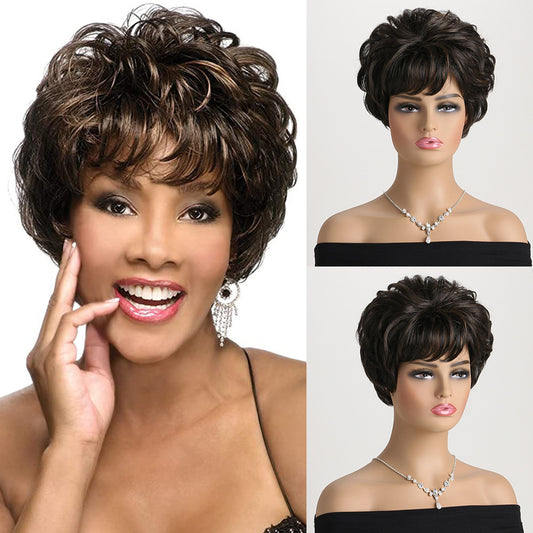 Women's Fashion Fluffy Side Bangs Black Brown Pick Color Wig Short Curly Hair