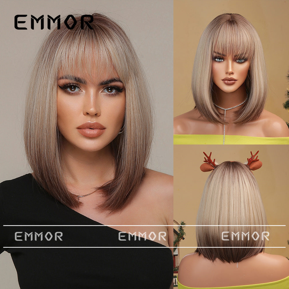 Female Fiber Summer Natural Color Head Wig Short Straight Hair
