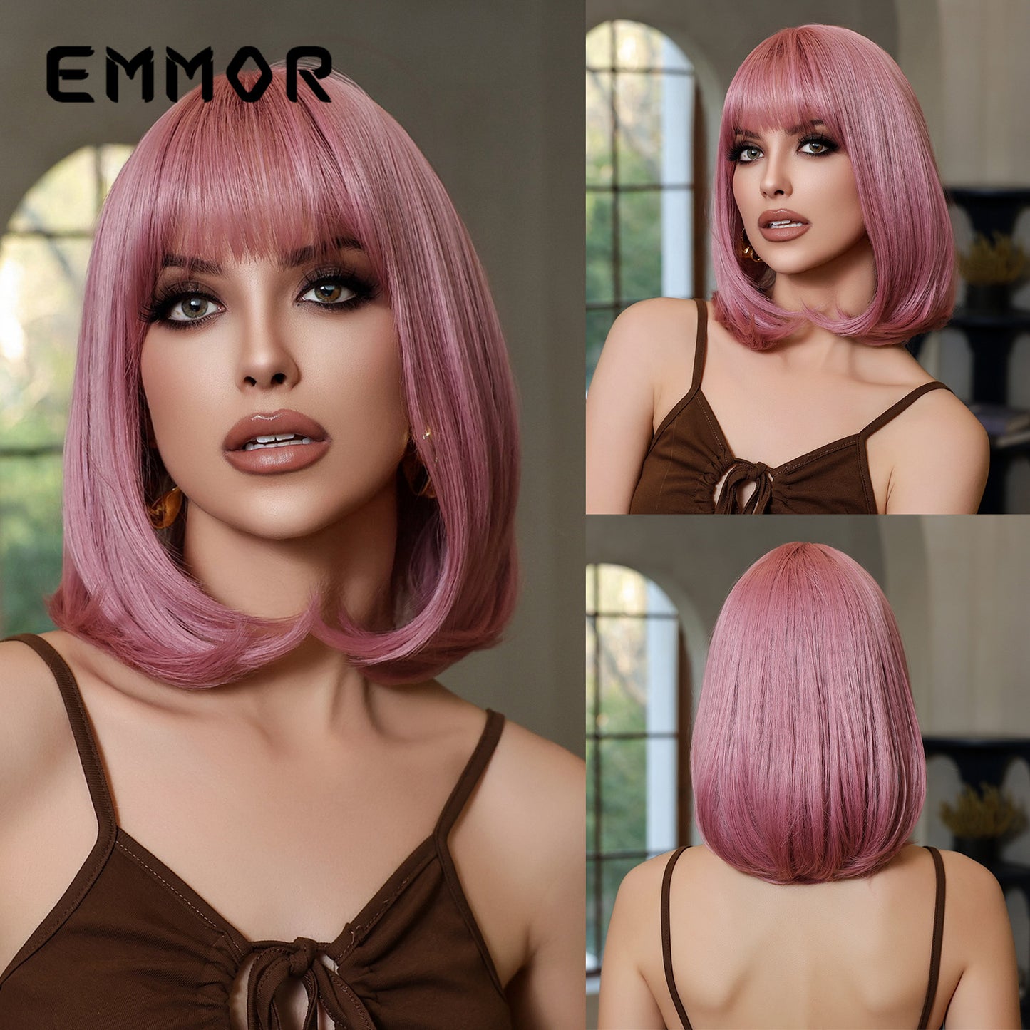 Summer Natural Breathable Bangs Golden Full Wig Short Straight Hair