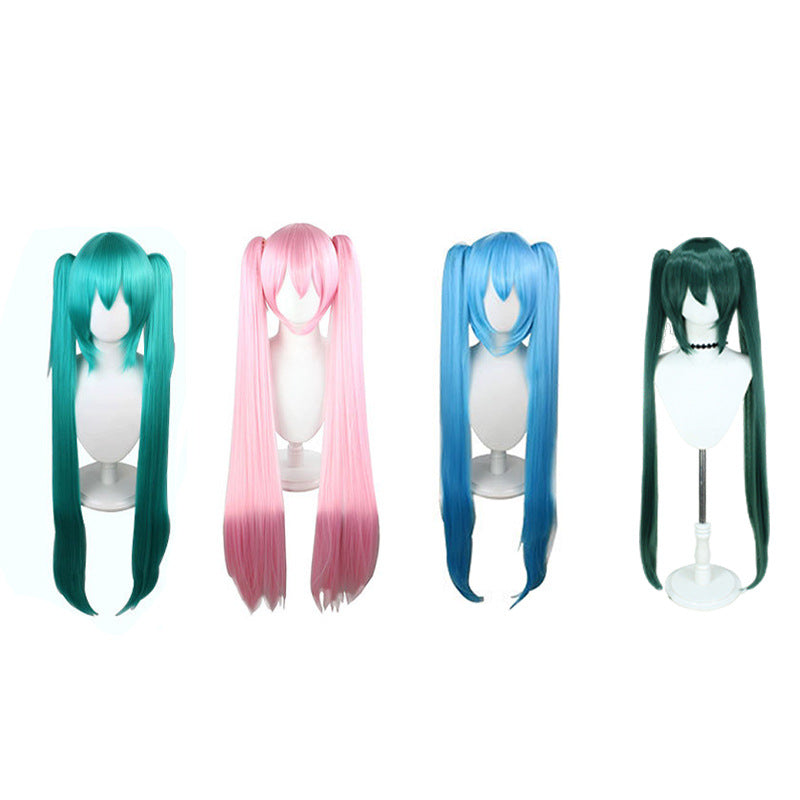 Long Hair Anime Blue Fiber Pairs Ponytail Pink Straight Cos Wig