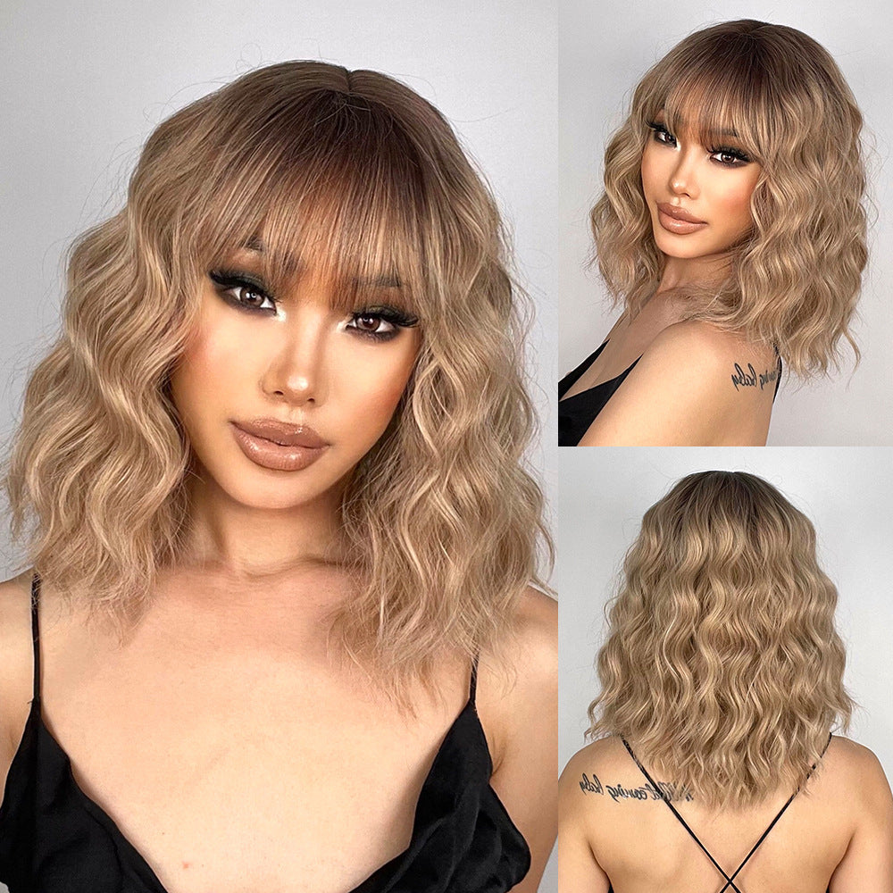 Water Ripple Black Gradient Golden Full Top Chemical Fiber Wig Short Curly Hair