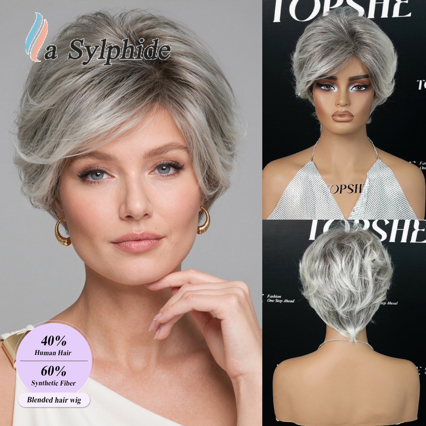 Chemical Fiber Texture Gray White Rose Net Man Wig Short Straight Hair