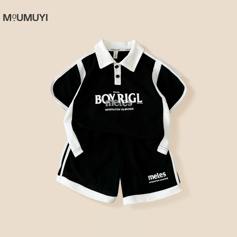Style Trendy Stitching Contrast Color Short Sleeve Loose Shorts Two-piece Children's Suit