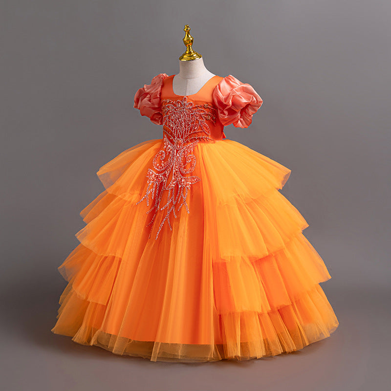Children's Irregular Puff Sleeve Princess Flower Wedding Performance Level Cake Children's Dress