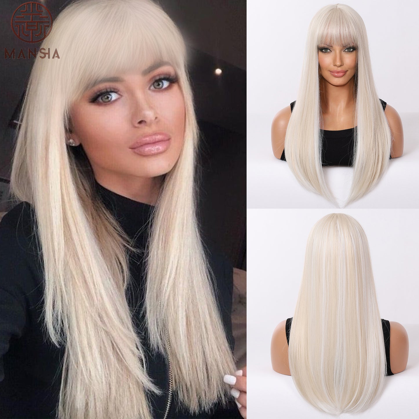 Women's Golden Color Hair Natural Air Bangs Long Straight Wig