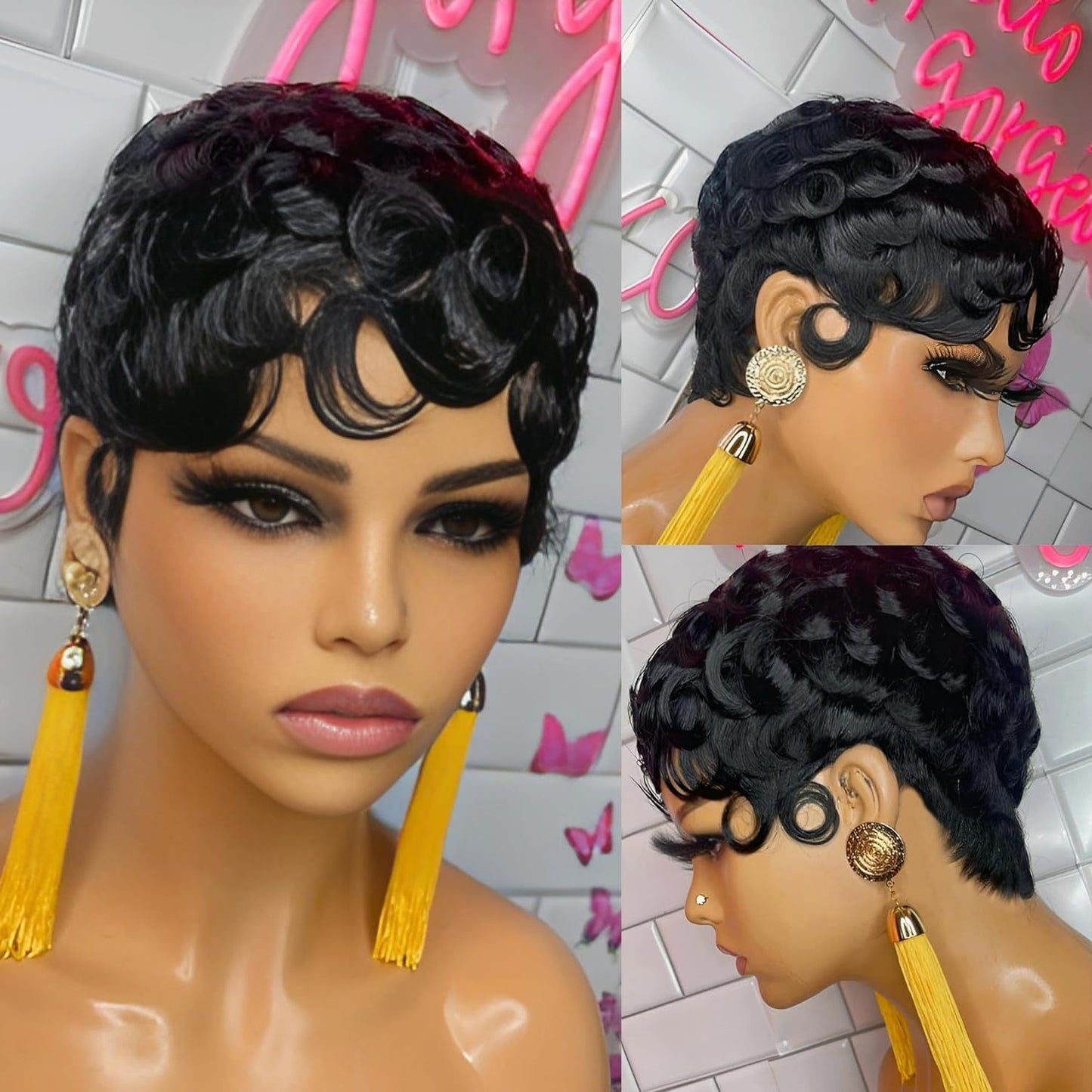 Classic Women's Retro Black Fiber Chemical Wig Short Curly Hair