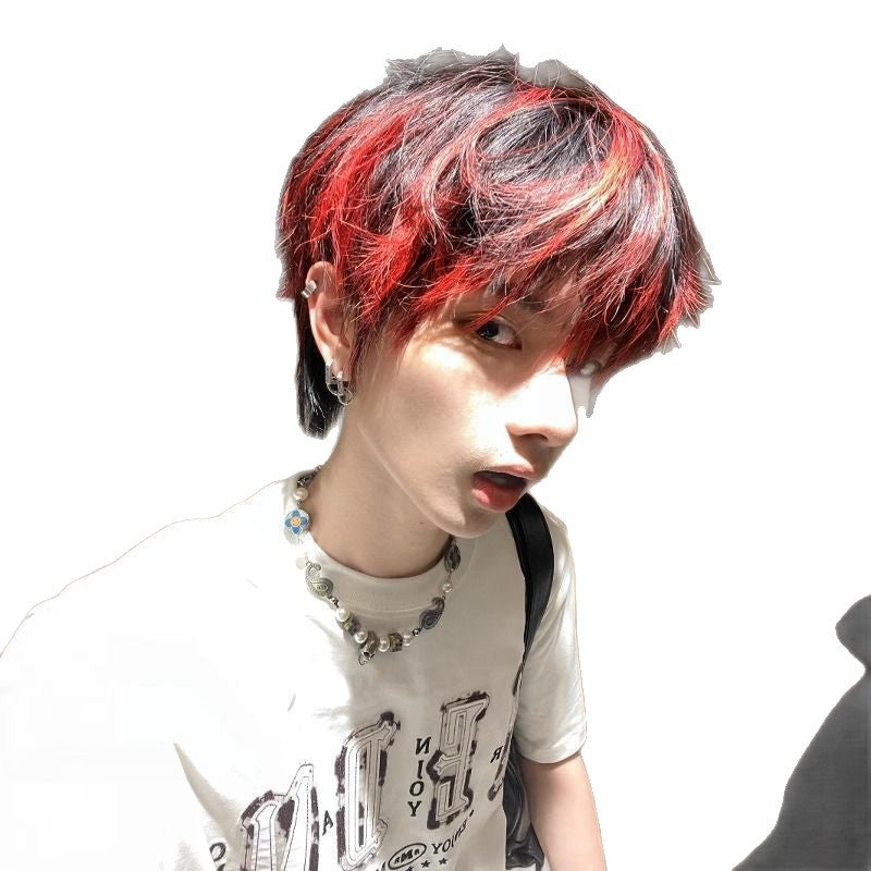 Level Differential Broken Cover Personality Black Red Highlight Men's Wig