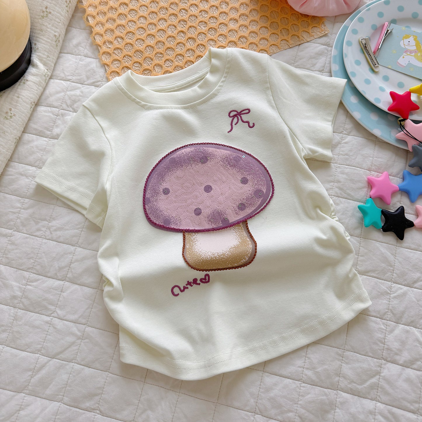 Children's High Elastic Fine Cotton Rib Digital Painted Beaded Tube Embroidery Children's T-shirt