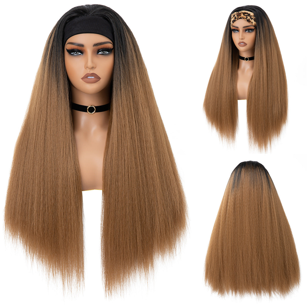 Popular Female Black Simulation Fluffy Headband Long Straight Wig