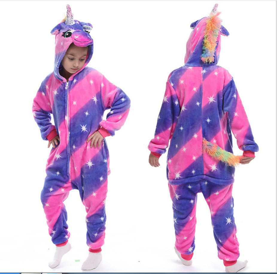 Children's Cartoon Animal One-piece Pajamas Rainbow Flannel Lion Cute Long Jumpsuit, Climbing Suit