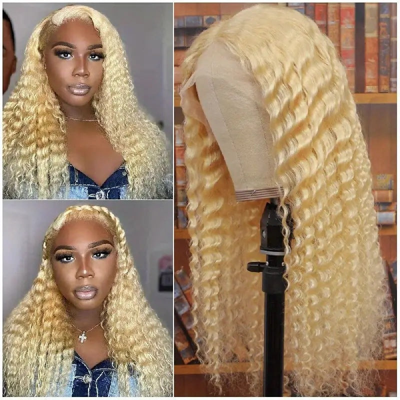 Women's Lace Light Gold Wigs With Small Curly Hair Medium Points Wig Long Curls