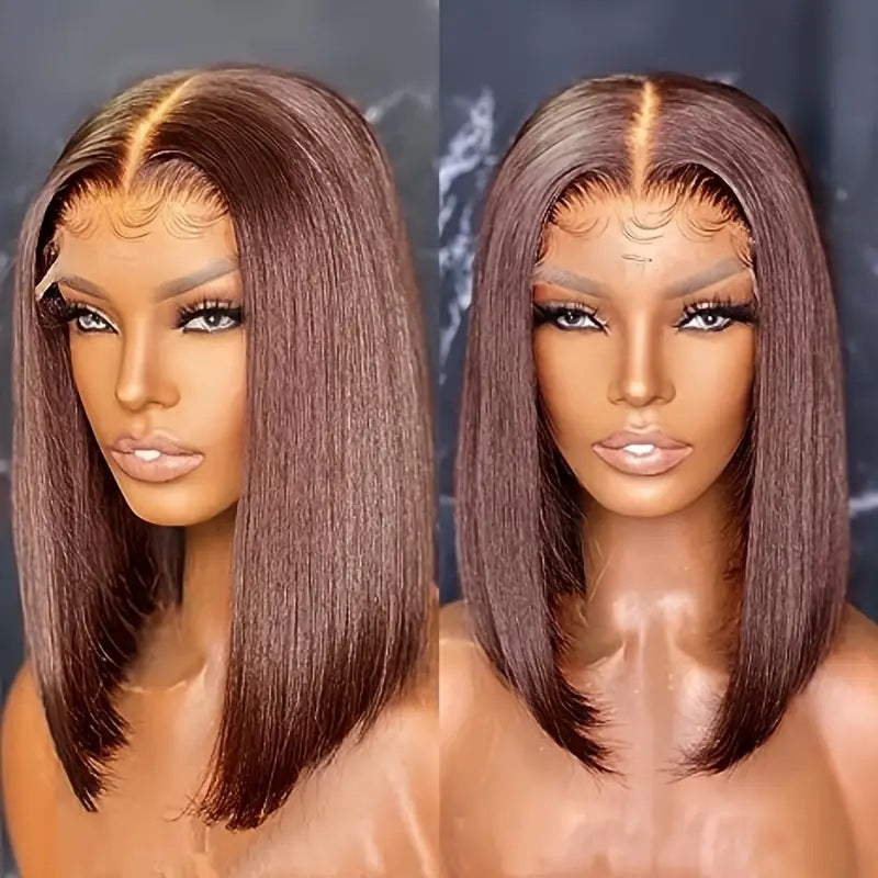 Front Lace Dark Brown Head Bangs Wig Short Straight Hair