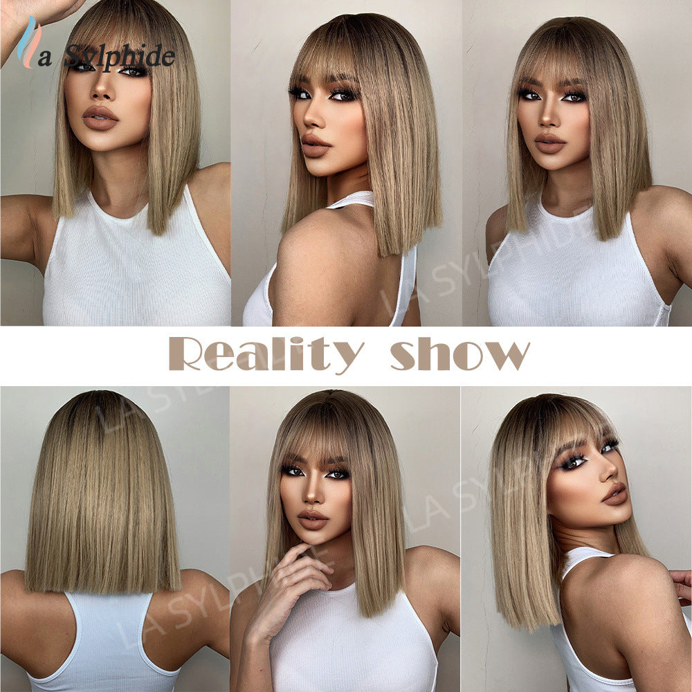 Brown Gradient Golden Chemical Fiber Female Wig Short Straight Hair