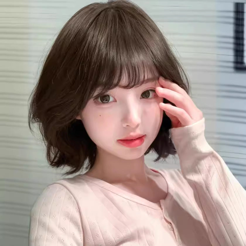Popular Female Cold Brown Fashion Round Face Hairstyle Small Wig Short Curly Hair