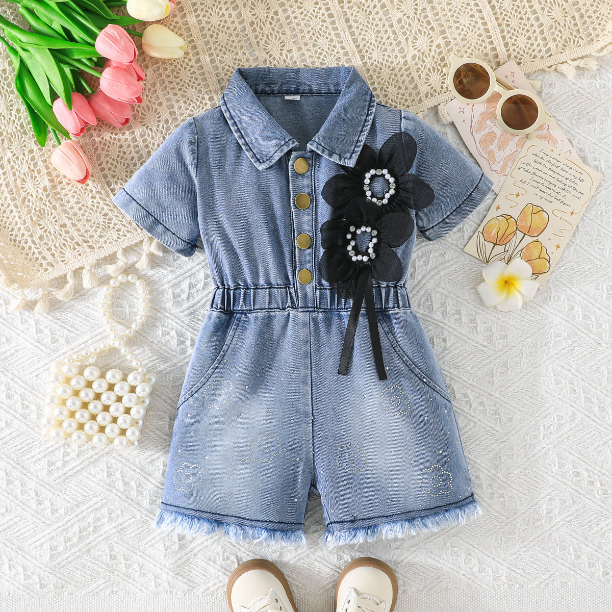 Lapel Waist Tight Pearl Flower Decoration Jumpsuit, Climbing Suit
