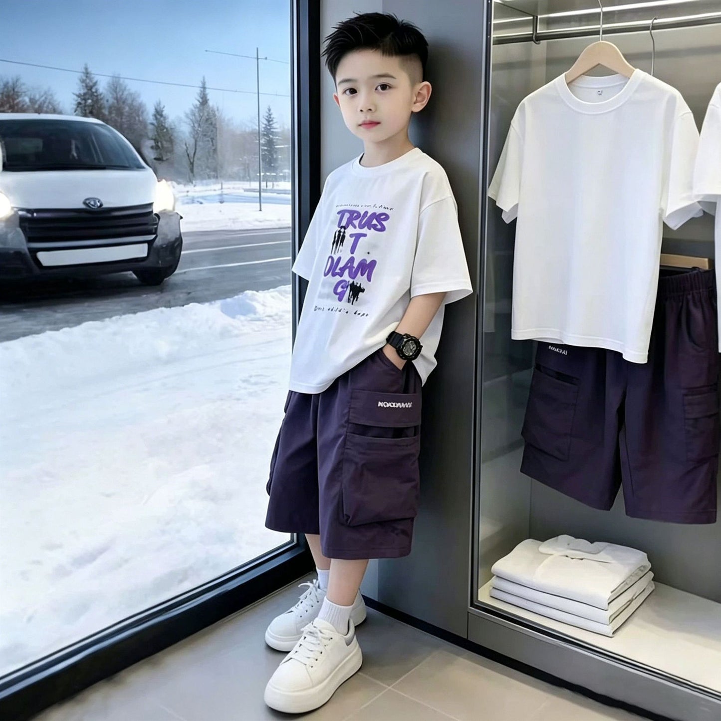 Short-sleeved Summer Middle Big Sports Leisure Trendy Fried Street Children's Suit