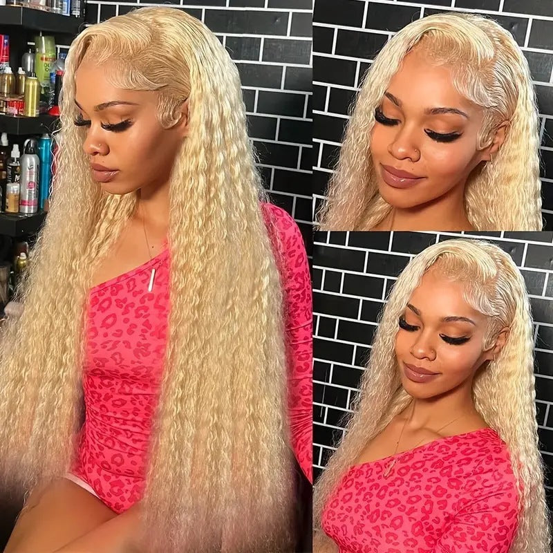 Women's Lace Light Gold Wigs With Small Curly Hair Medium Points Wig Long Curls