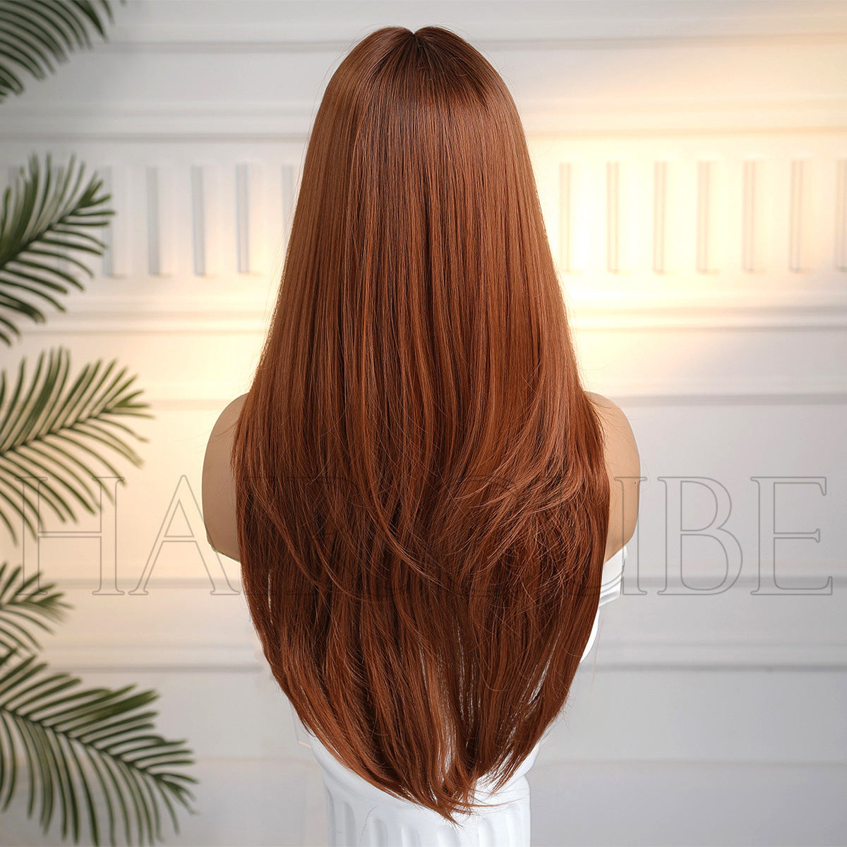 Hair Head Cover With Bangs Mid-length Orange Natural Long Straight Wig