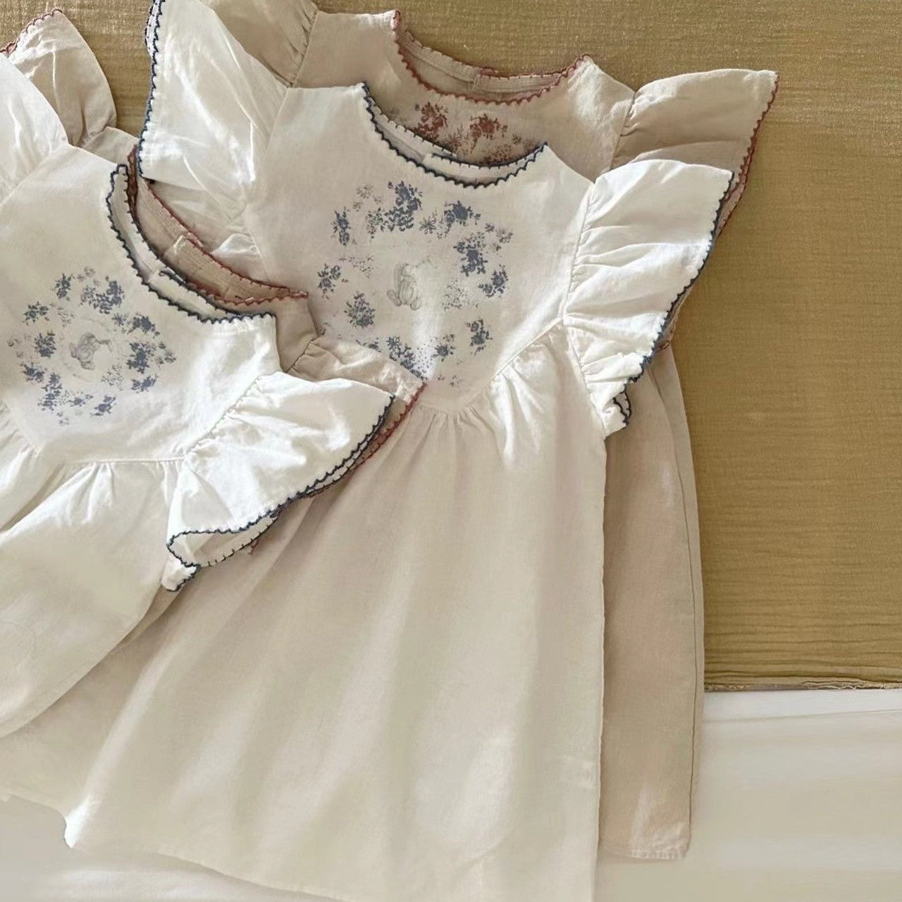 Sleeve Blue White One-piece Romper Fashionable Round Neck Embroidery Sisters Jumpsuit, Climbing Suit
