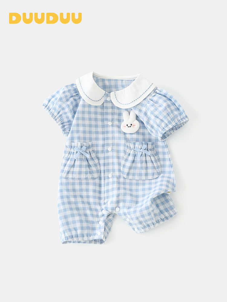 Blue Scale Grid Summer Thin Clothes Class Born Jumpsuit, Climbing Suit
