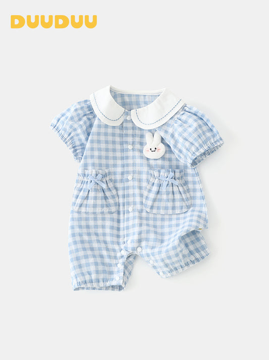 Blue Scale Grid Summer Thin Clothes Class Born Jumpsuit, Climbing Suit