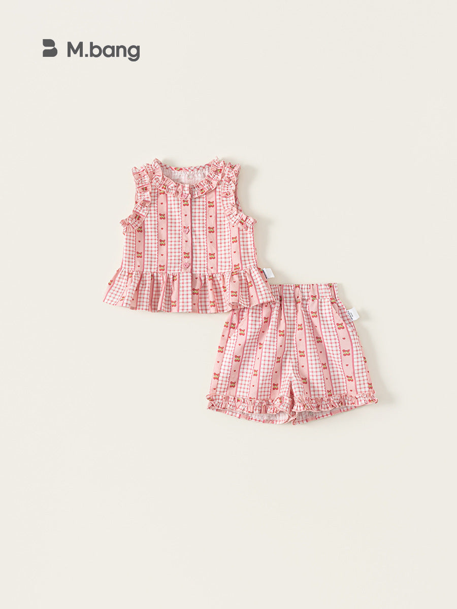 Women's & Children's Clothing Plaid Two-piece Sleeveless Top Sweet Lace Shorts Children's Suit