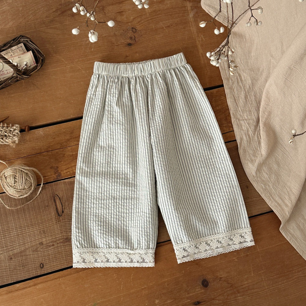 Lace Collar Vertical Striped Top Trousers Female Western Style Sleeveless Children's Suit