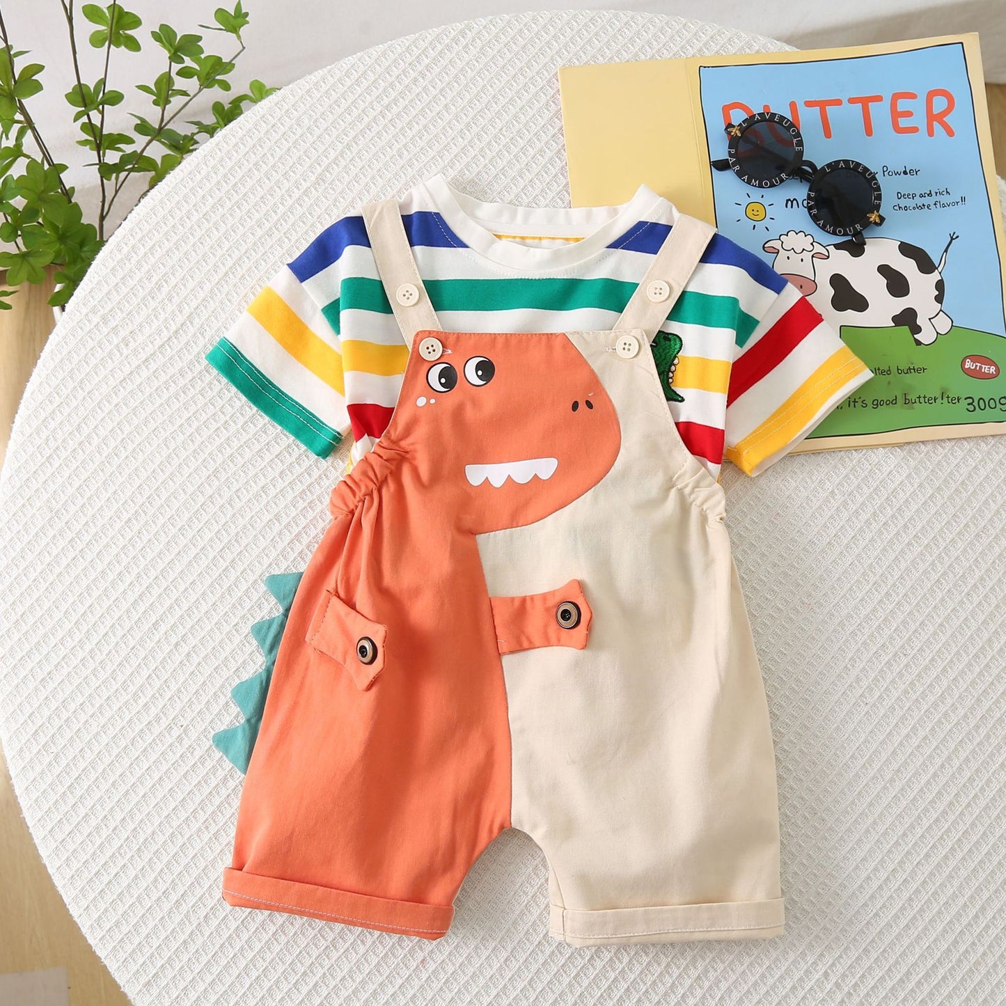 Stripes Round Neck Short Sleeve Leisure Suspender Pants Children's Suit