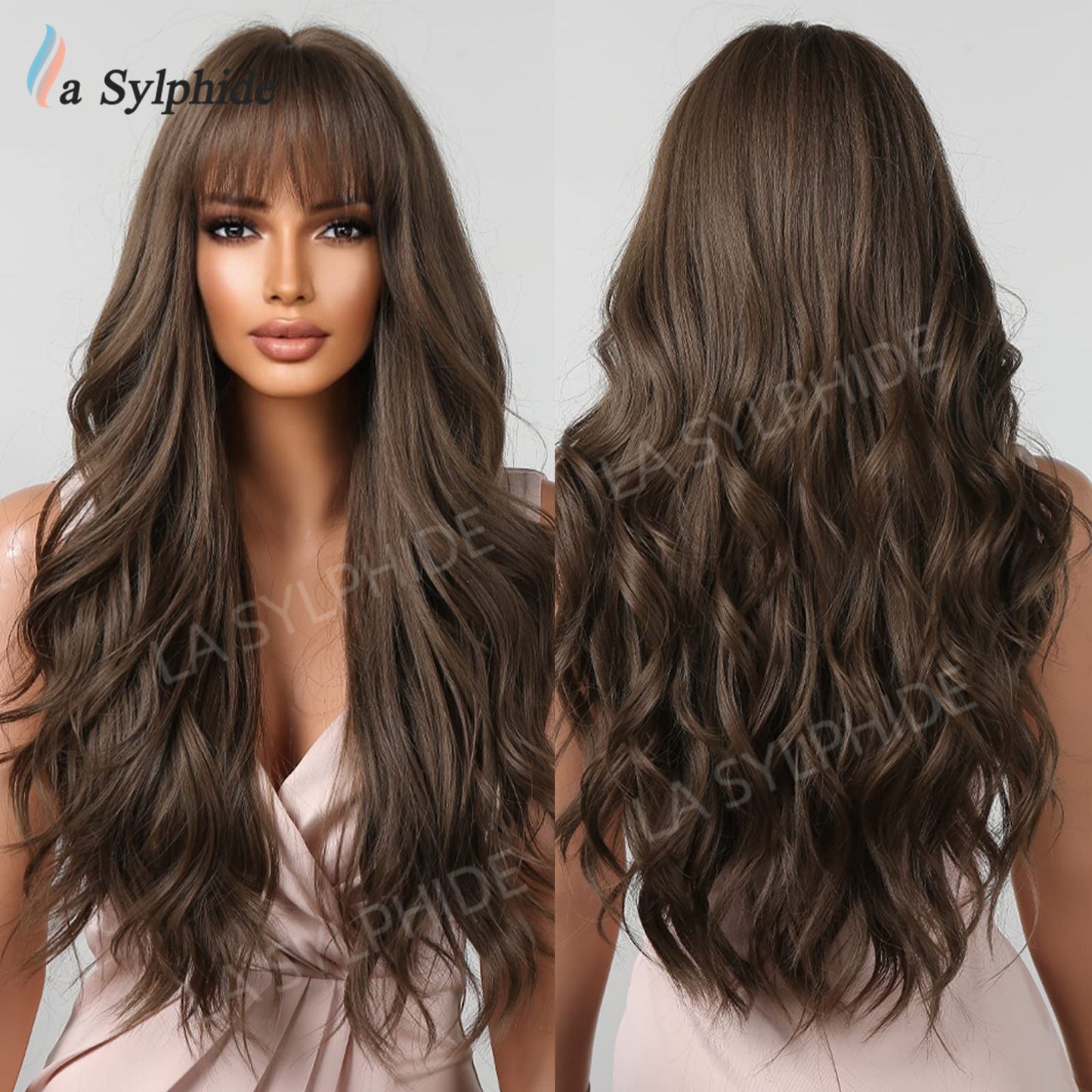 Fringe Curly Hair Highlights Brown Big Wave Wig Long Curls